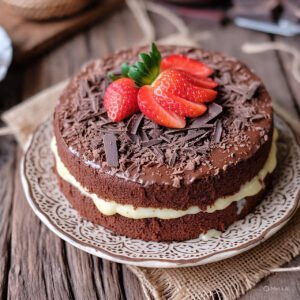 Receita Irresistível de Bolo de Chocolate Recheado com Leite Condensado e Cobertura de Morangos