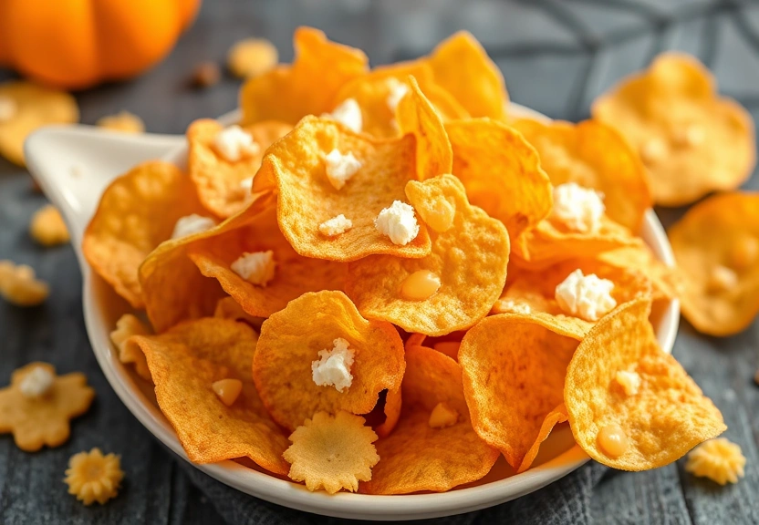 Representação visual de Deliciosos Chips de Tortilha com Canela e Fluff de Abóbora para Halloween