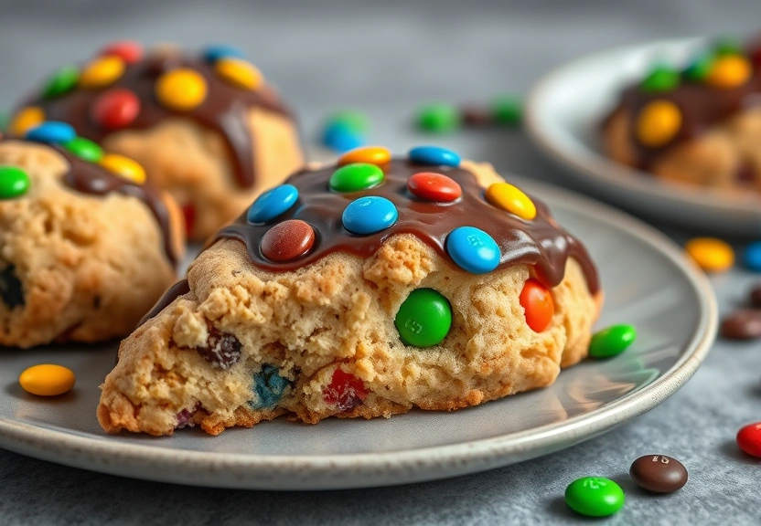 Representação visual de Deliciosos Scones de Cookie Monstro com M&M’s e Ganache de Amendoim